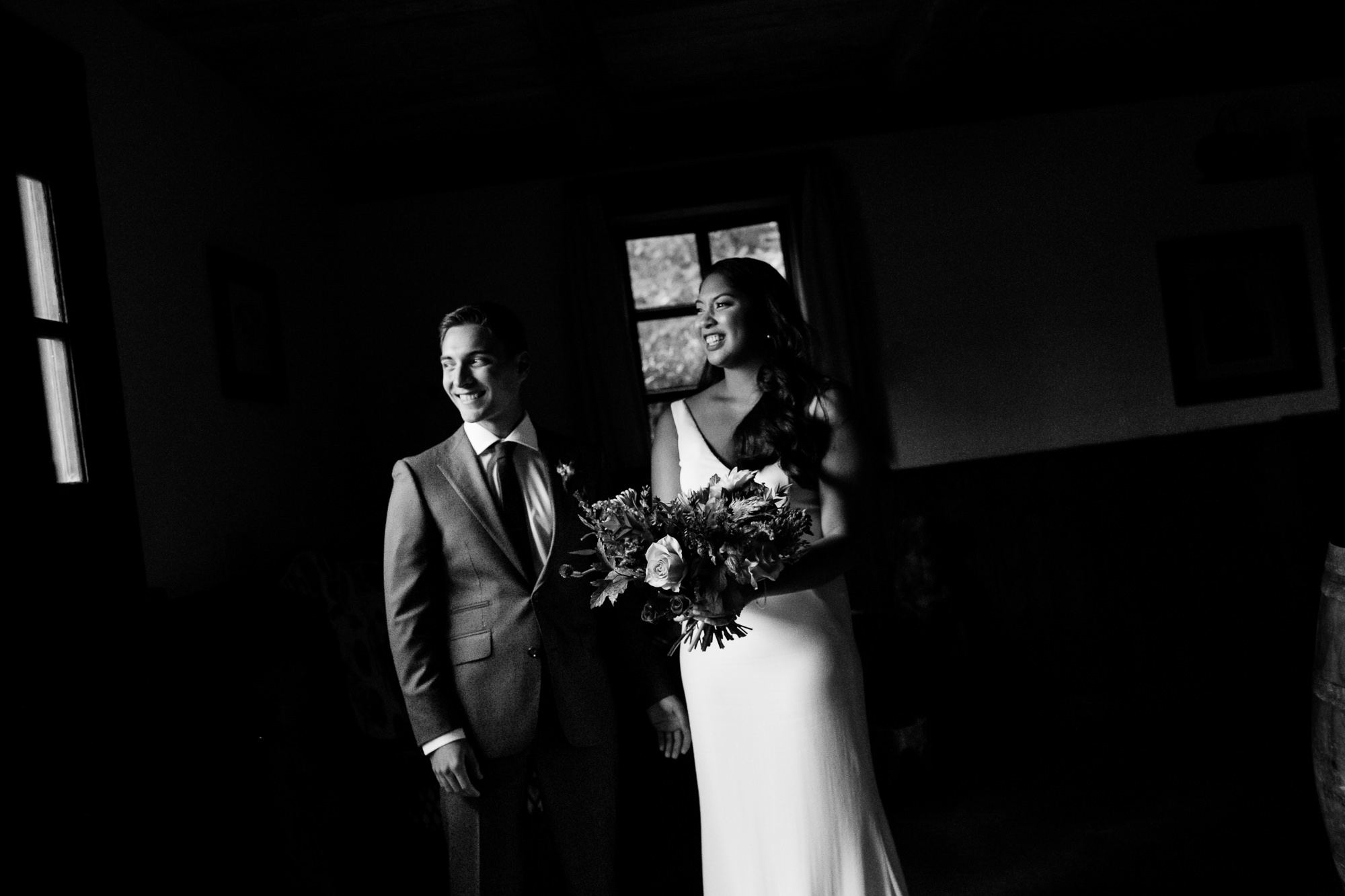 bride and groom portrait in black and white in north carolina